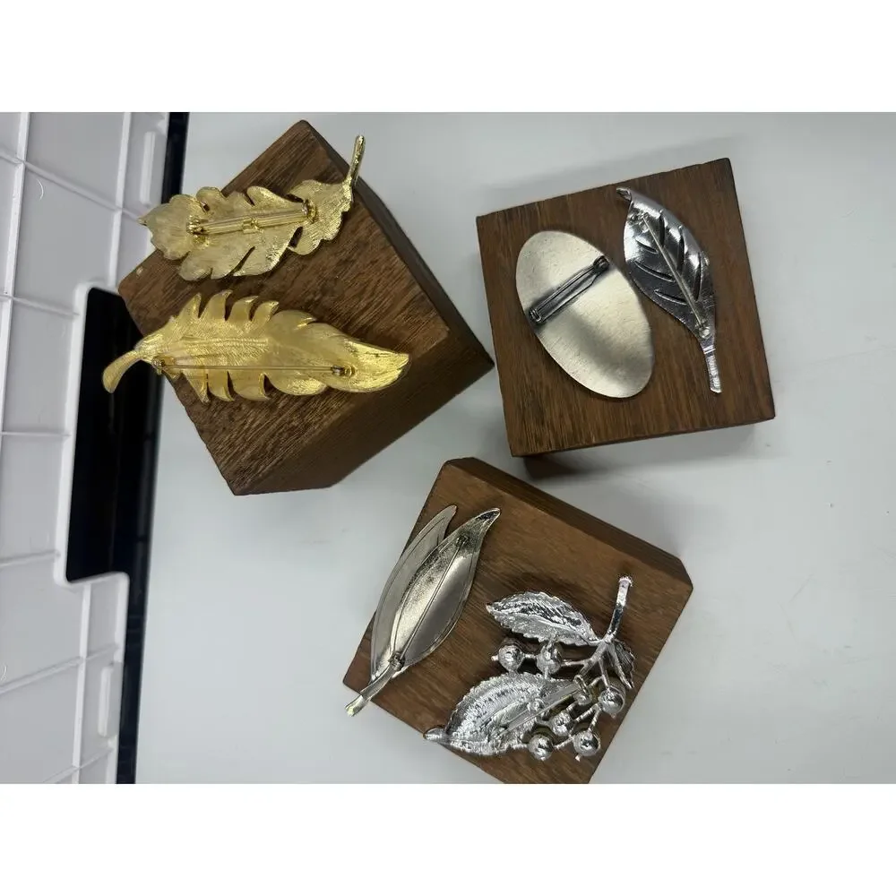 Vintage Unsigned Costume Jewelry MCM Brooch Lot - 6 Pcs Leaves & Feathers Pins